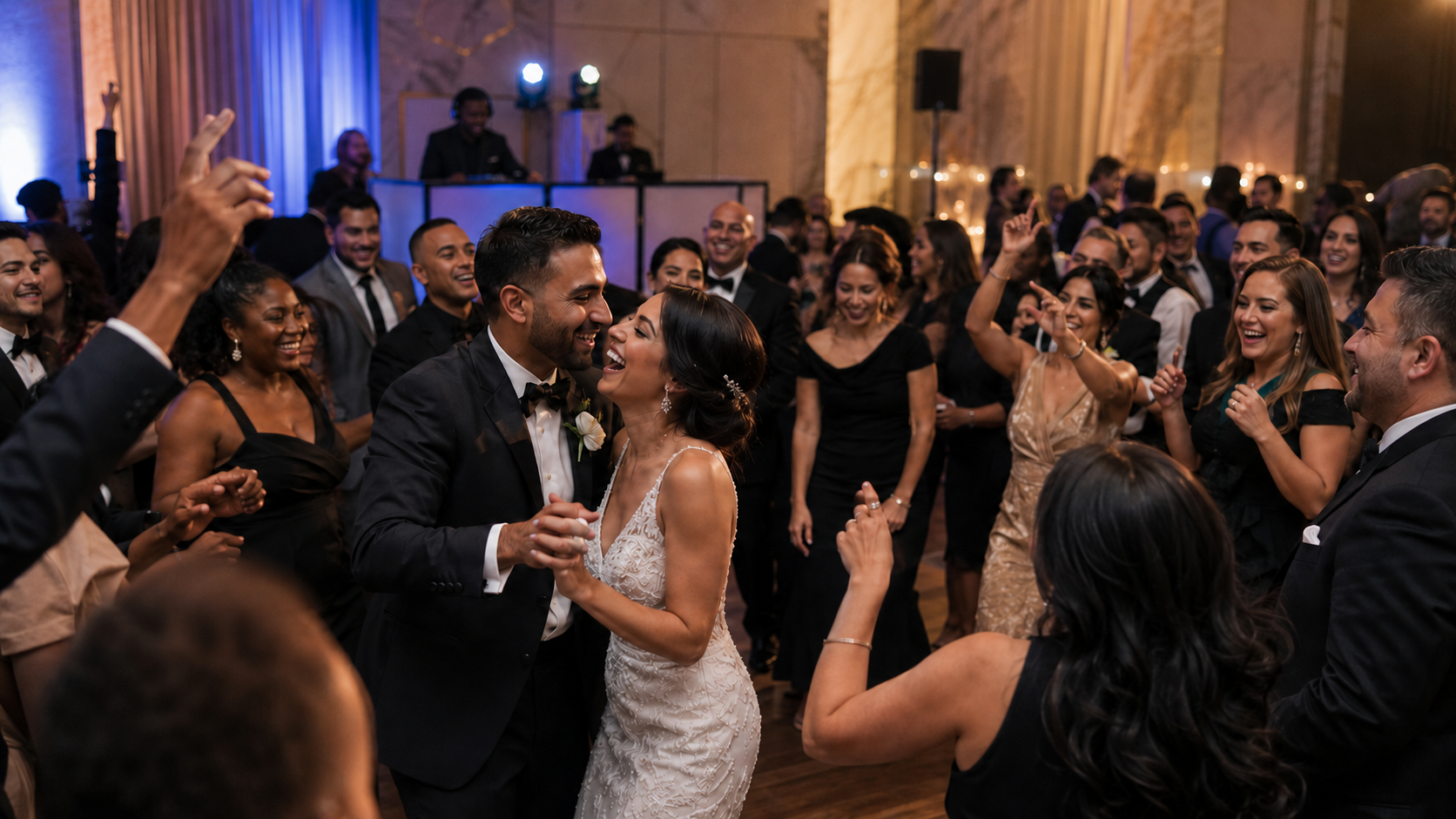 A joyful, elegant wedding reception dancefloor
